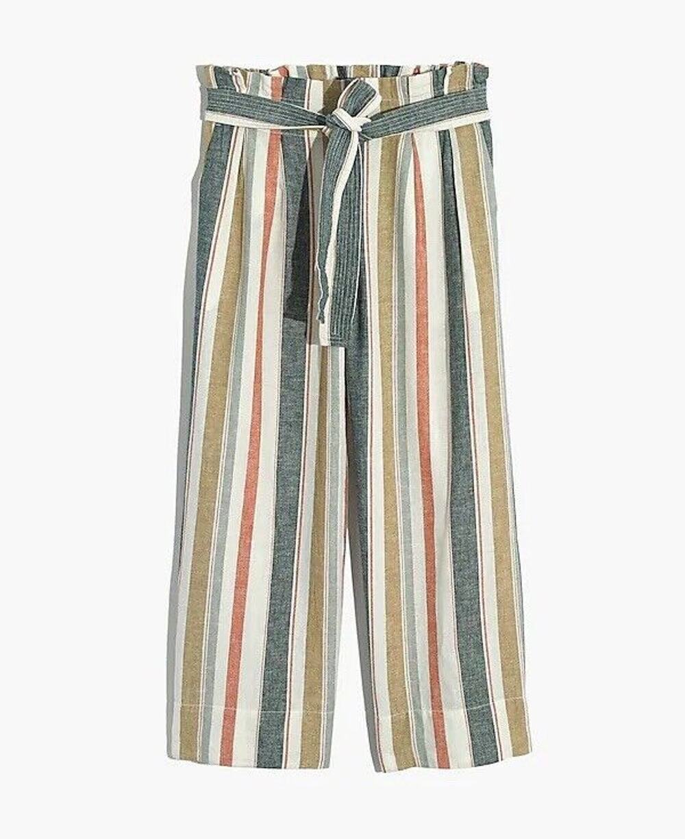 Madewell Linen Blend Pants Womens Size S Cropped Elastic Waist Wide Leg Striped